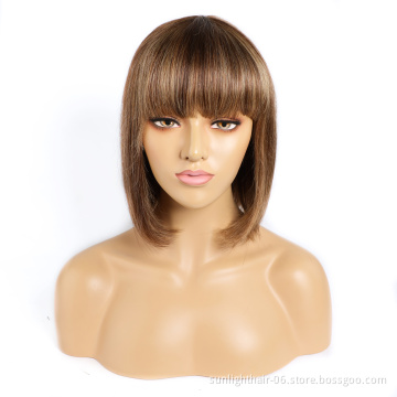 Short Bob Ombre 4/27 Color Machine Made Wig Piano Color Human Hair Wigs With Bang